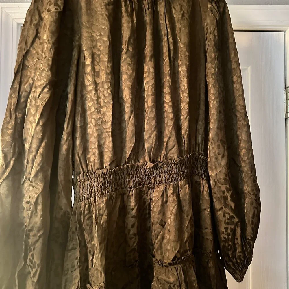 Joy Joy Olive Jacquard Leopard Smocked Waist Mini Dress Size Small NWOT - Picture 7 of 9